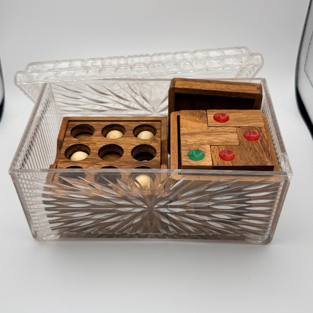 Wooden Tic Tac Toe and Cube Puzzle Set in Starburst Acrylic Box